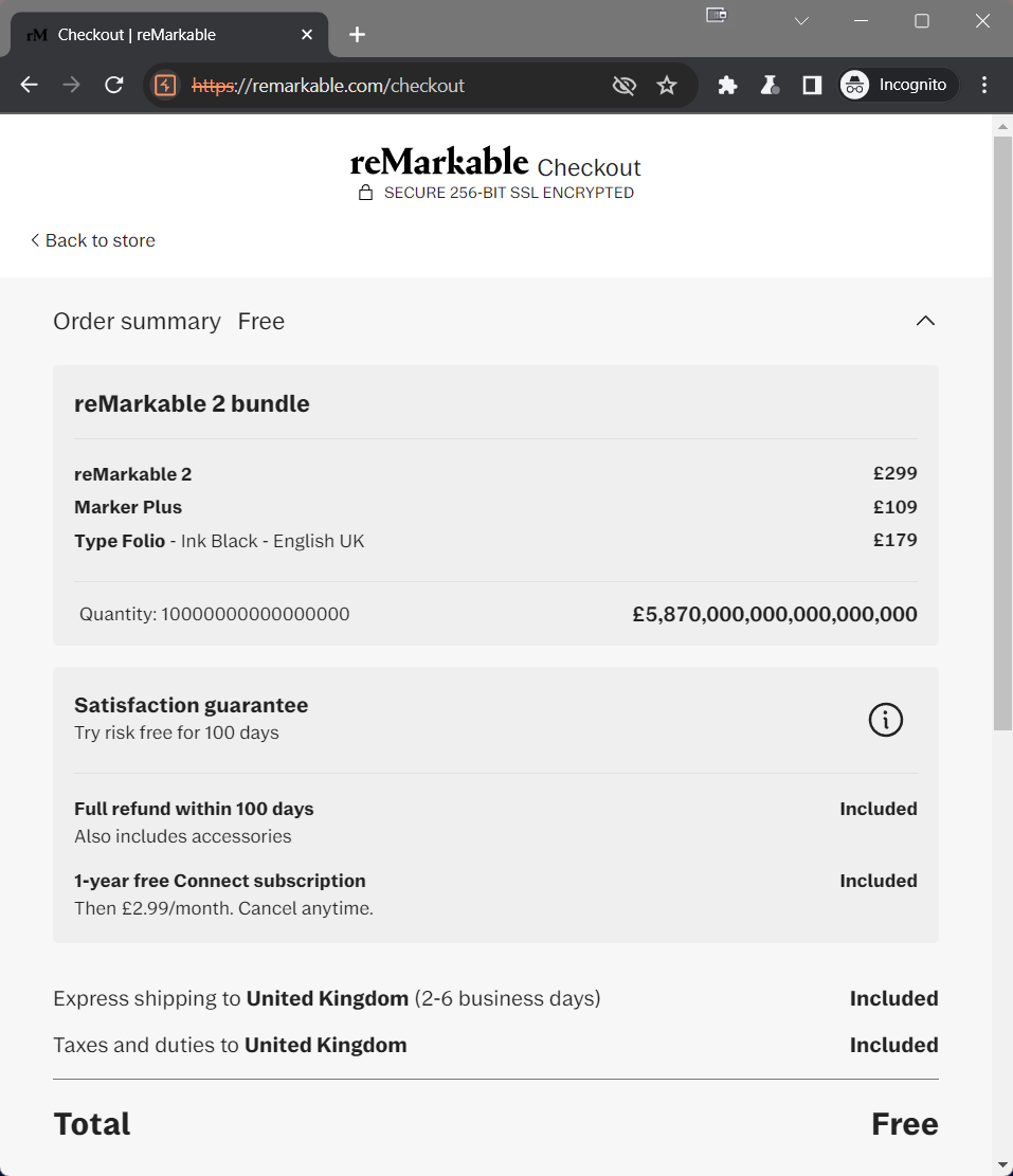 reMarkable quantity 16 digits response frontend