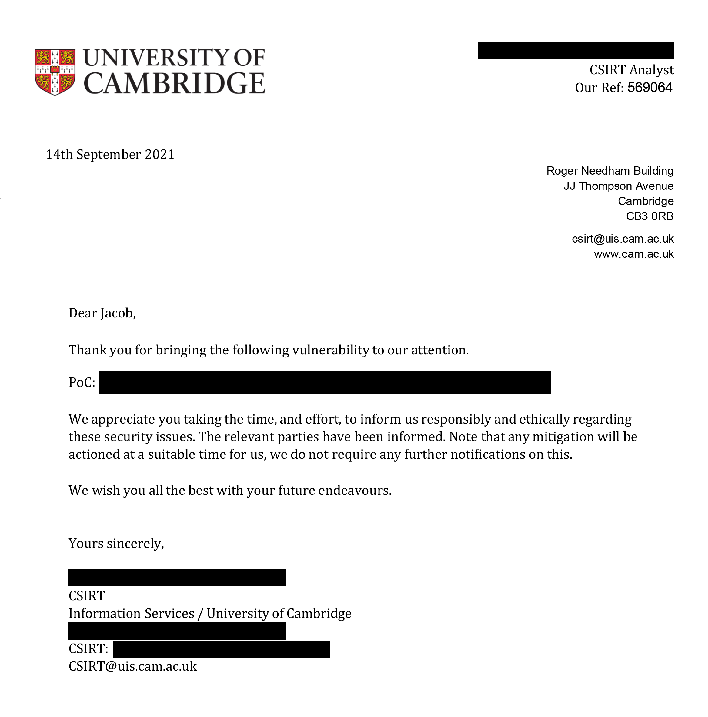 Cambridge University Letter of Appreciation