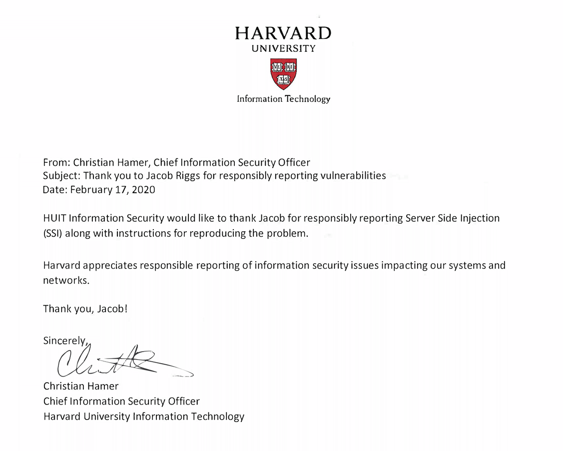 Harvard University Letter of Appreciation