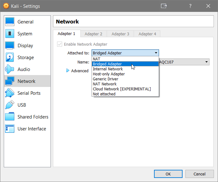 Network Settings - Bridged Adapter